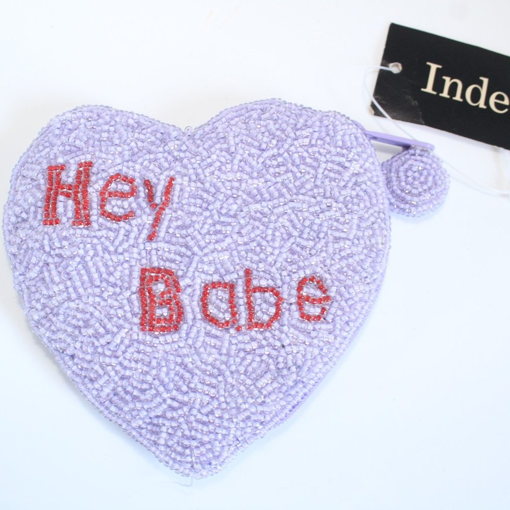 Indeed Lavender Heart Beaded Coin Purse With Hey Babe On Front NWT